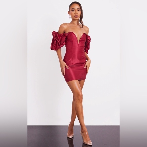PrettyLittleThing Burgundy Satin Ruffle Low Cut Mini Dress Nwt Size 8 - Picture 6 of 6